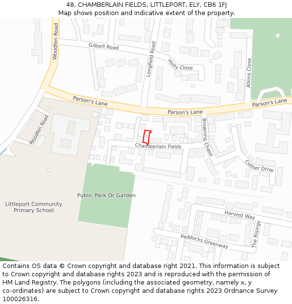 48, CHAMBERLAIN FIELDS, LITTLEPORT, ELY, CB6 1FJ: Location map and indicative extent of plot