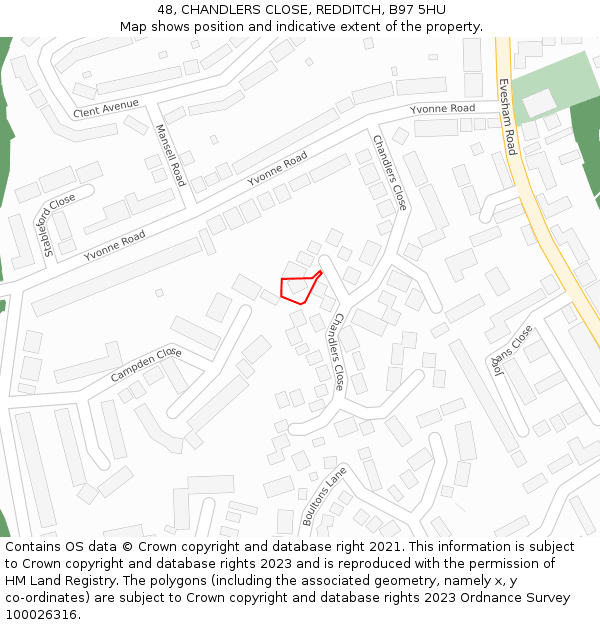 48, CHANDLERS CLOSE, REDDITCH, B97 5HU: Location map and indicative extent of plot