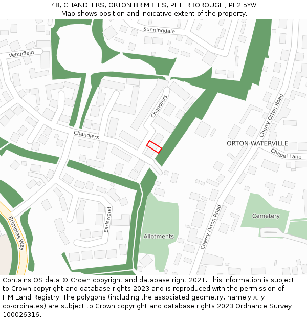 48, CHANDLERS, ORTON BRIMBLES, PETERBOROUGH, PE2 5YW: Location map and indicative extent of plot