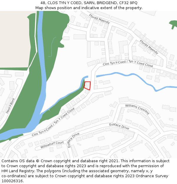 48, CLOS TYN Y COED, SARN, BRIDGEND, CF32 9PQ: Location map and indicative extent of plot