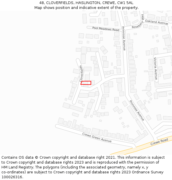 48, CLOVERFIELDS, HASLINGTON, CREWE, CW1 5AL: Location map and indicative extent of plot