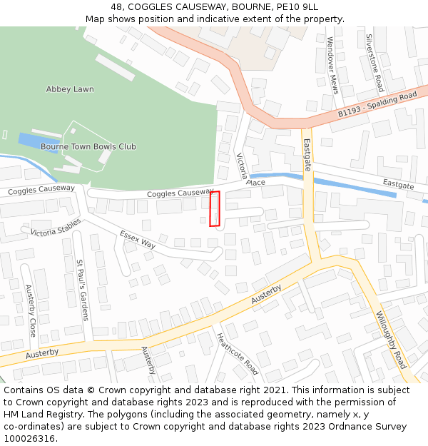 48, COGGLES CAUSEWAY, BOURNE, PE10 9LL: Location map and indicative extent of plot