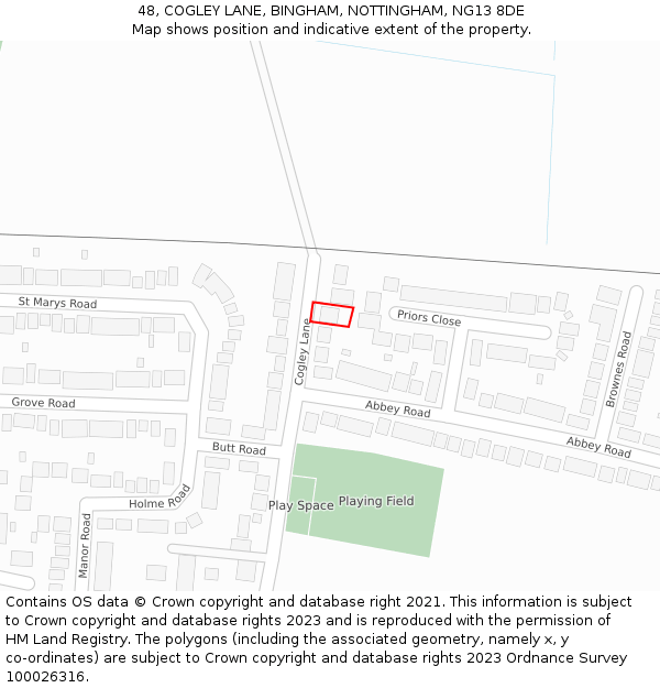48, COGLEY LANE, BINGHAM, NOTTINGHAM, NG13 8DE: Location map and indicative extent of plot