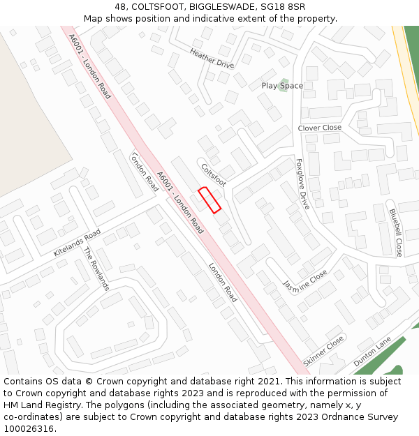 48, COLTSFOOT, BIGGLESWADE, SG18 8SR: Location map and indicative extent of plot