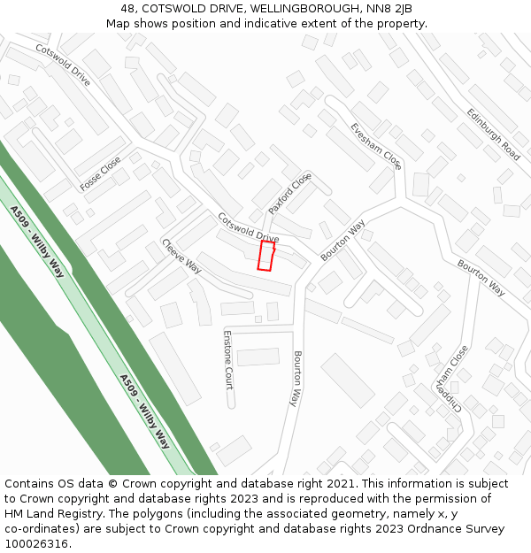 48, COTSWOLD DRIVE, WELLINGBOROUGH, NN8 2JB: Location map and indicative extent of plot