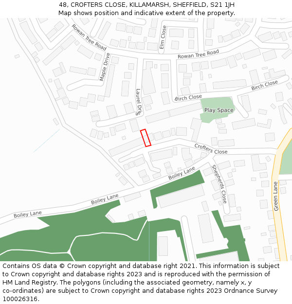 48, CROFTERS CLOSE, KILLAMARSH, SHEFFIELD, S21 1JH: Location map and indicative extent of plot
