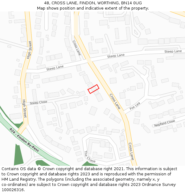 48, CROSS LANE, FINDON, WORTHING, BN14 0UG: Location map and indicative extent of plot