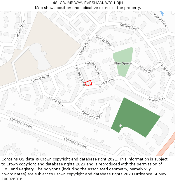 48, CRUMP WAY, EVESHAM, WR11 3JH: Location map and indicative extent of plot