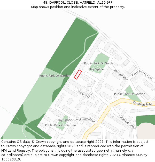 48, DAFFODIL CLOSE, HATFIELD, AL10 9FF: Location map and indicative extent of plot