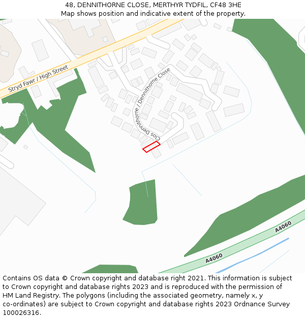 48, DENNITHORNE CLOSE, MERTHYR TYDFIL, CF48 3HE: Location map and indicative extent of plot