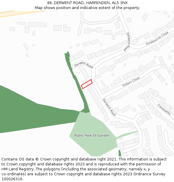 48, DERWENT ROAD, HARPENDEN, AL5 3NX: Location map and indicative extent of plot