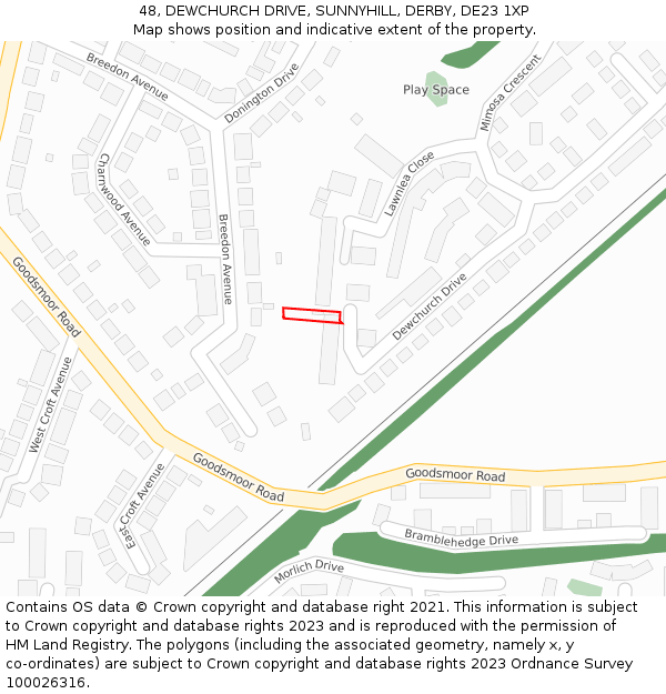 48, DEWCHURCH DRIVE, SUNNYHILL, DERBY, DE23 1XP: Location map and indicative extent of plot