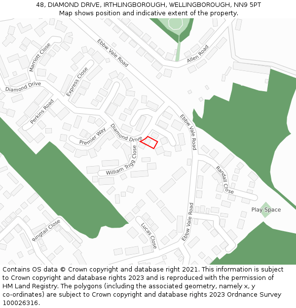 48, DIAMOND DRIVE, IRTHLINGBOROUGH, WELLINGBOROUGH, NN9 5PT: Location map and indicative extent of plot