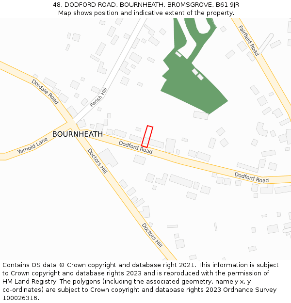 48, DODFORD ROAD, BOURNHEATH, BROMSGROVE, B61 9JR: Location map and indicative extent of plot