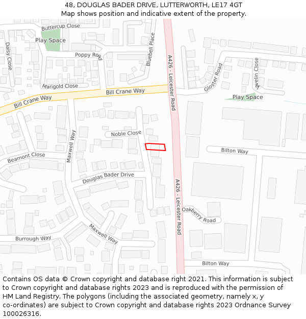 48, DOUGLAS BADER DRIVE, LUTTERWORTH, LE17 4GT: Location map and indicative extent of plot