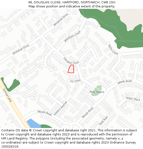 48, DOUGLAS CLOSE, HARTFORD, NORTHWICH, CW8 1SH: Location map and indicative extent of plot