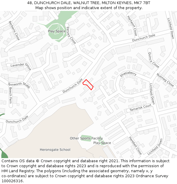 48, DUNCHURCH DALE, WALNUT TREE, MILTON KEYNES, MK7 7BT: Location map and indicative extent of plot