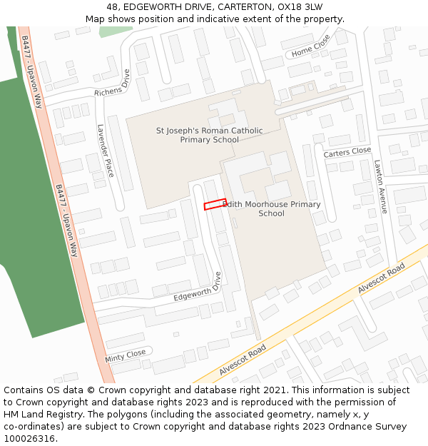 48, EDGEWORTH DRIVE, CARTERTON, OX18 3LW: Location map and indicative extent of plot