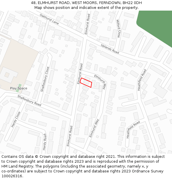 48, ELMHURST ROAD, WEST MOORS, FERNDOWN, BH22 0DH: Location map and indicative extent of plot