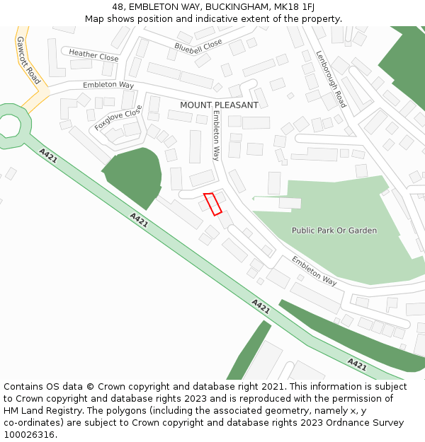 48, EMBLETON WAY, BUCKINGHAM, MK18 1FJ: Location map and indicative extent of plot