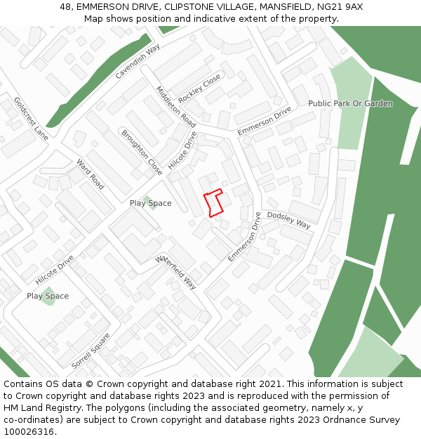 48, EMMERSON DRIVE, CLIPSTONE VILLAGE, MANSFIELD, NG21 9AX: Location map and indicative extent of plot