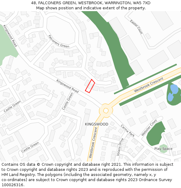 48, FALCONERS GREEN, WESTBROOK, WARRINGTON, WA5 7XD: Location map and indicative extent of plot