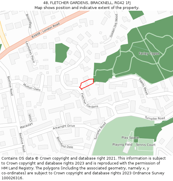 48, FLETCHER GARDENS, BRACKNELL, RG42 1FJ: Location map and indicative extent of plot