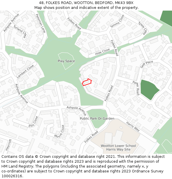 48, FOLKES ROAD, WOOTTON, BEDFORD, MK43 9BX: Location map and indicative extent of plot