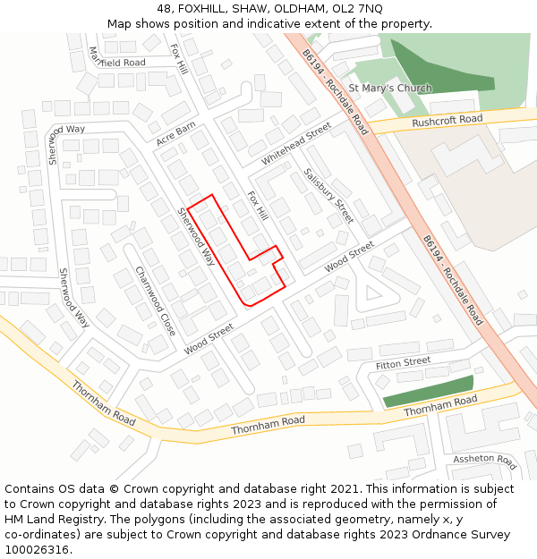 48, FOXHILL, SHAW, OLDHAM, OL2 7NQ: Location map and indicative extent of plot