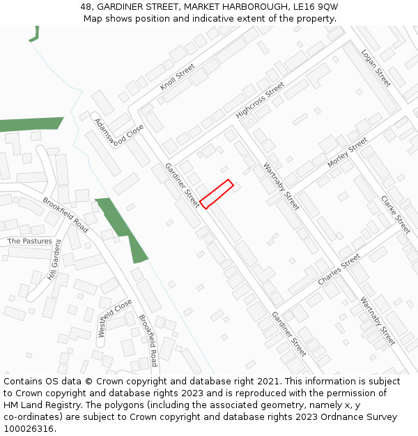 48, GARDINER STREET, MARKET HARBOROUGH, LE16 9QW: Location map and indicative extent of plot