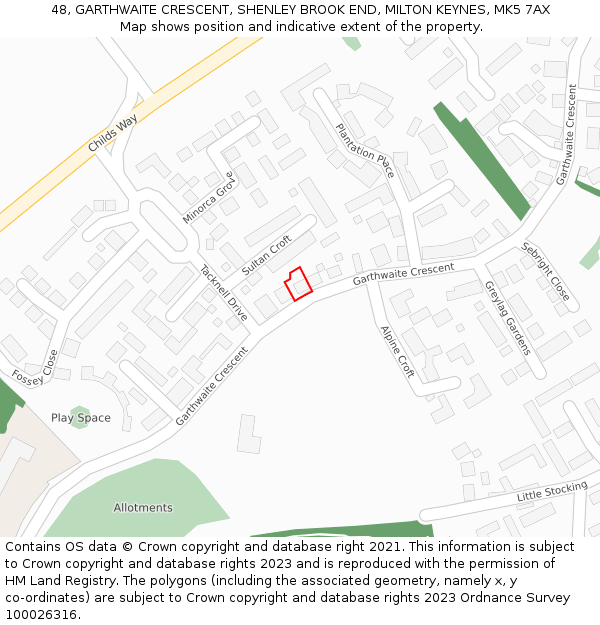 48, GARTHWAITE CRESCENT, SHENLEY BROOK END, MILTON KEYNES, MK5 7AX: Location map and indicative extent of plot