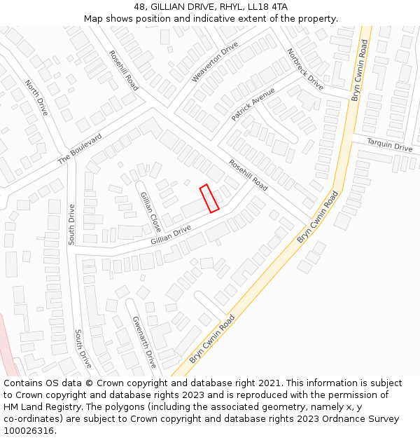 48, GILLIAN DRIVE, RHYL, LL18 4TA: Location map and indicative extent of plot