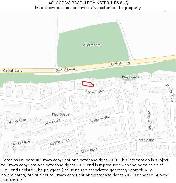 48, GODIVA ROAD, LEOMINSTER, HR6 8UQ: Location map and indicative extent of plot