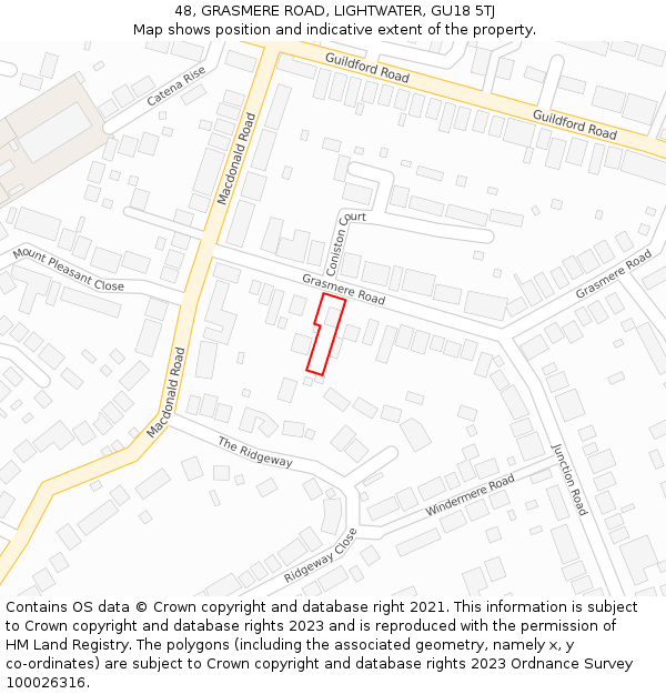 48, GRASMERE ROAD, LIGHTWATER, GU18 5TJ: Location map and indicative extent of plot