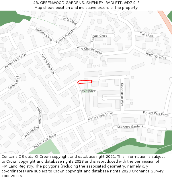 48, GREENWOOD GARDENS, SHENLEY, RADLETT, WD7 9LF: Location map and indicative extent of plot