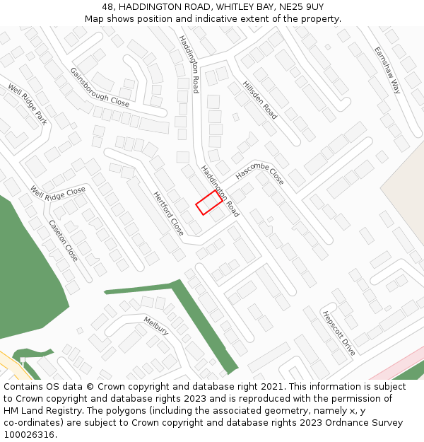 48, HADDINGTON ROAD, WHITLEY BAY, NE25 9UY: Location map and indicative extent of plot