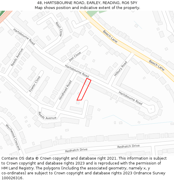 48, HARTSBOURNE ROAD, EARLEY, READING, RG6 5PY: Location map and indicative extent of plot