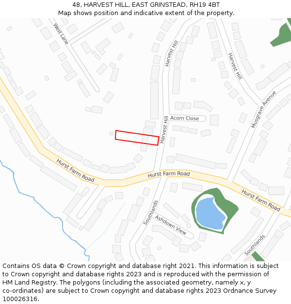 48, HARVEST HILL, EAST GRINSTEAD, RH19 4BT: Location map and indicative extent of plot