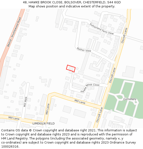 48, HAWKE BROOK CLOSE, BOLSOVER, CHESTERFIELD, S44 6GD: Location map and indicative extent of plot