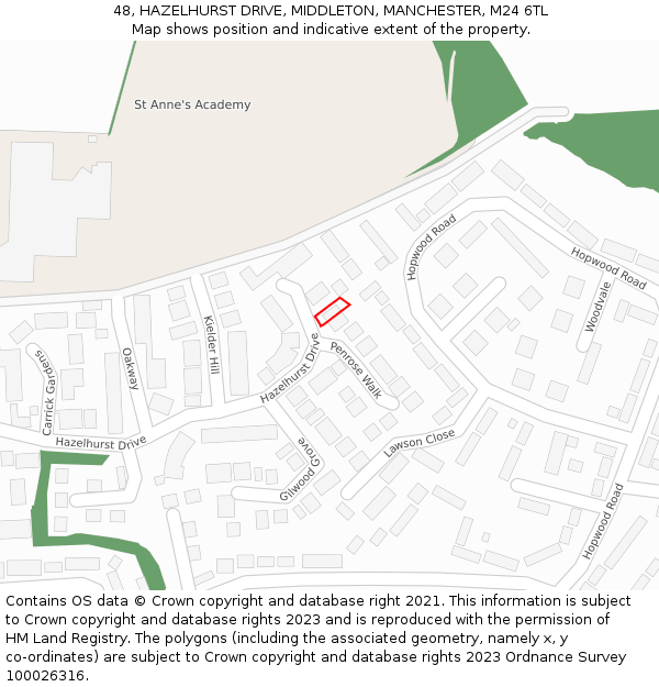 48, HAZELHURST DRIVE, MIDDLETON, MANCHESTER, M24 6TL: Location map and indicative extent of plot
