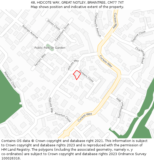 48, HIDCOTE WAY, GREAT NOTLEY, BRAINTREE, CM77 7XT: Location map and indicative extent of plot