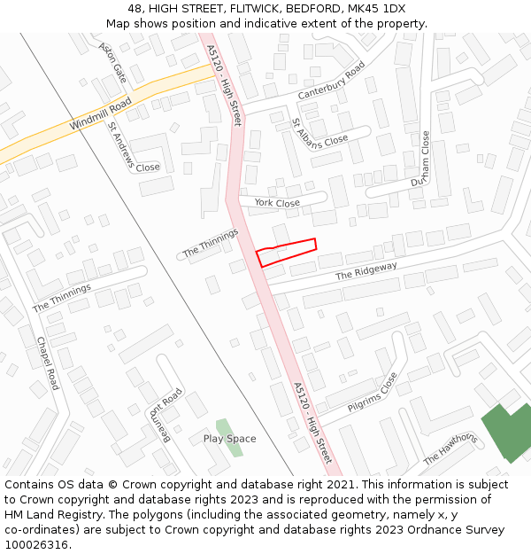 48, HIGH STREET, FLITWICK, BEDFORD, MK45 1DX: Location map and indicative extent of plot