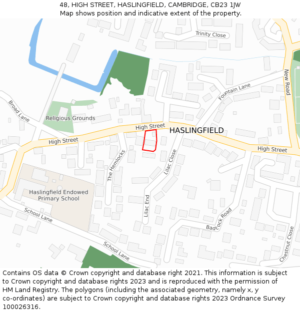 48, HIGH STREET, HASLINGFIELD, CAMBRIDGE, CB23 1JW: Location map and indicative extent of plot