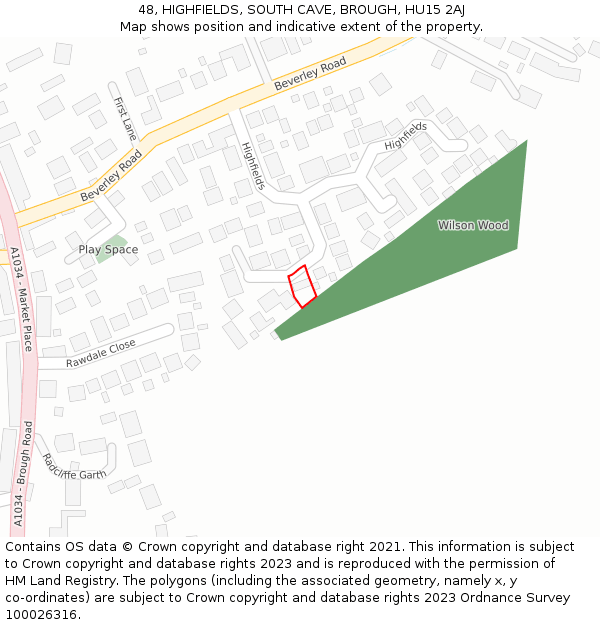 48, HIGHFIELDS, SOUTH CAVE, BROUGH, HU15 2AJ: Location map and indicative extent of plot