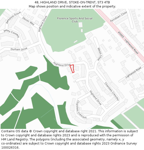 48, HIGHLAND DRIVE, STOKE-ON-TRENT, ST3 4TB: Location map and indicative extent of plot