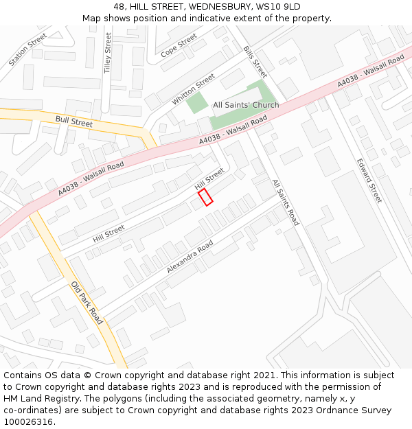 48, HILL STREET, WEDNESBURY, WS10 9LD: Location map and indicative extent of plot