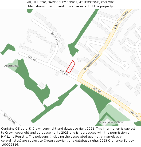 48, HILL TOP, BADDESLEY ENSOR, ATHERSTONE, CV9 2BG: Location map and indicative extent of plot