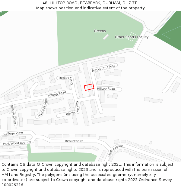 48, HILLTOP ROAD, BEARPARK, DURHAM, DH7 7TL: Location map and indicative extent of plot