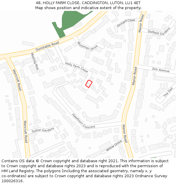 48, HOLLY FARM CLOSE, CADDINGTON, LUTON, LU1 4ET: Location map and indicative extent of plot