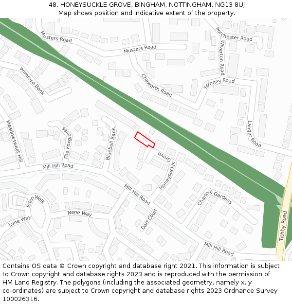 48, HONEYSUCKLE GROVE, BINGHAM, NOTTINGHAM, NG13 8UJ: Location map and indicative extent of plot